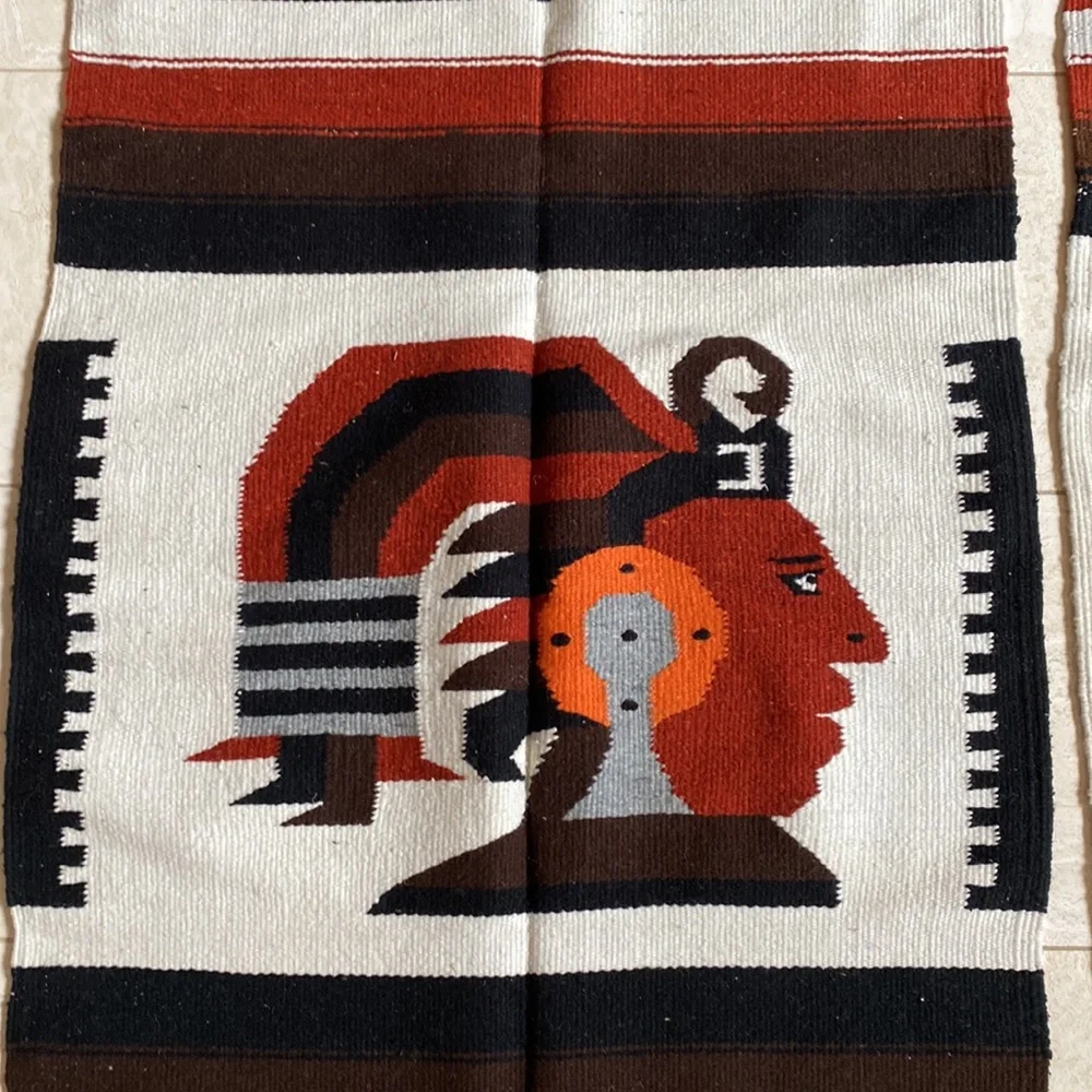 Vintage Aztec God Handwoven Wool 2 Coordinating Mexican Rug, Tapestry or Blanket